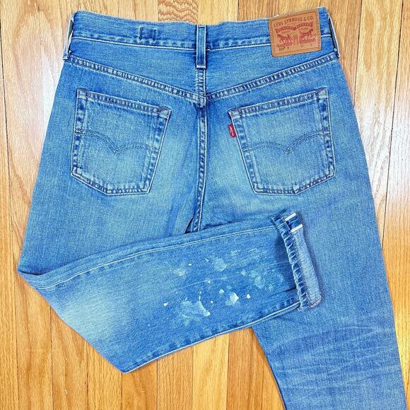 Levis 501 T Jeans Mens 26x28 Selvedge Denim Made in Japan Distressed Faded Paint - Picture 1 of 16